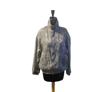 Fuda International 100% Silk silver grayish Print‎ Zip Up Jacket M